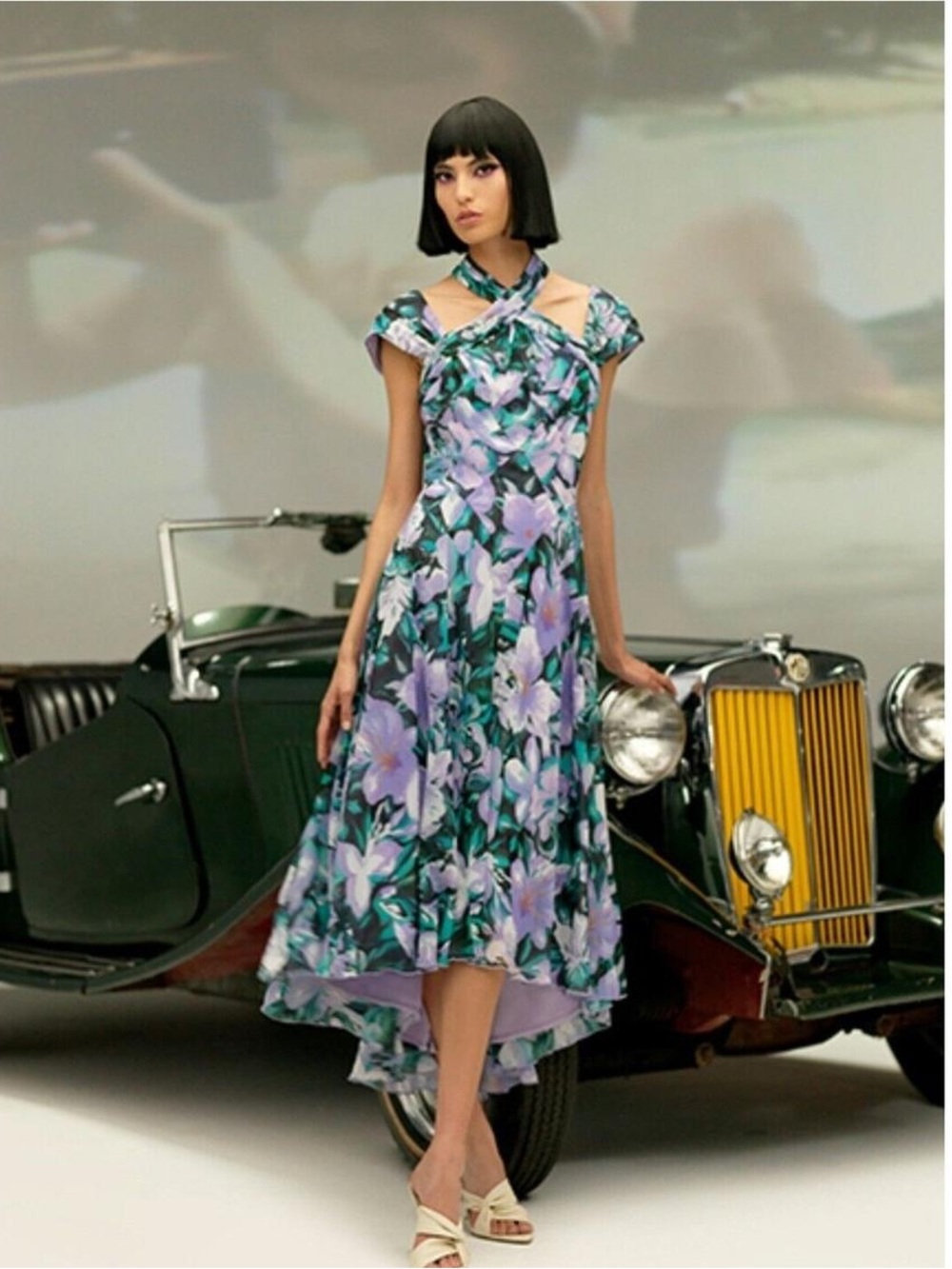 TADASHI SHOJI ARLENE CUTOUT HALTER FLORAL MIDI DRESS